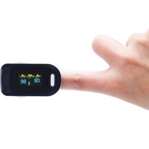 The picture shows Fingertip Pulse Oximeter which also known as oxygen saturation, is a measure of the amount of oxygen-carrying hemoglobin in the blood relative to the amount of hemoglobin not carrying oxygen.