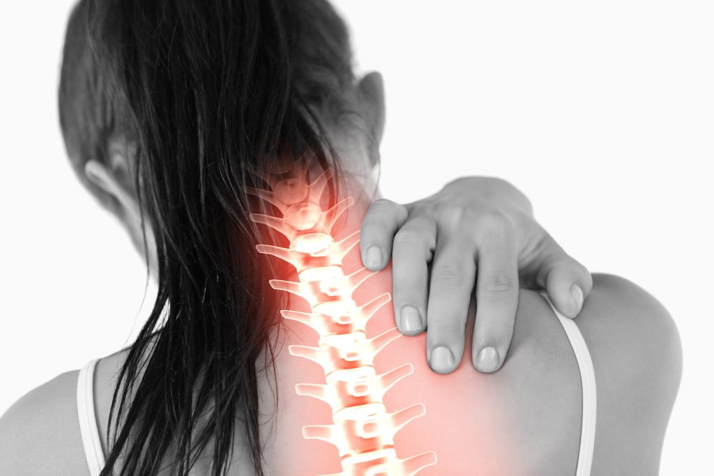 Emphasis added on woman's cervical spine possibly indicating neck pain.