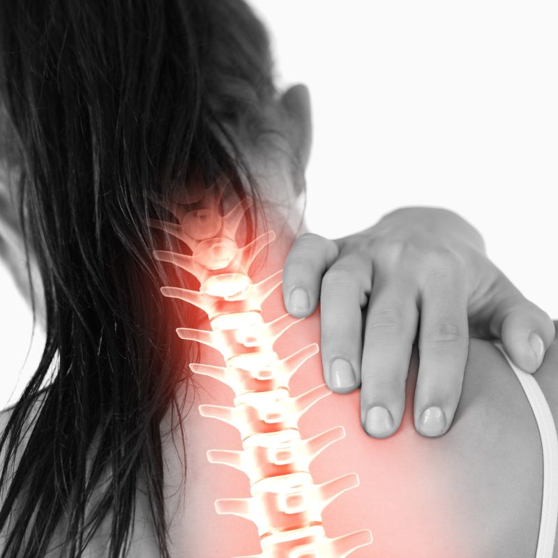 Emphasis added on woman's cervical spine possibly indicating neck pain.
