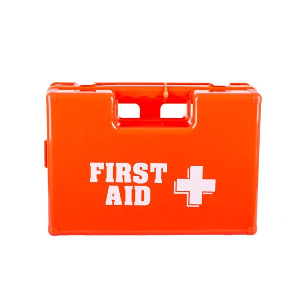 Front image of an orange first aid box