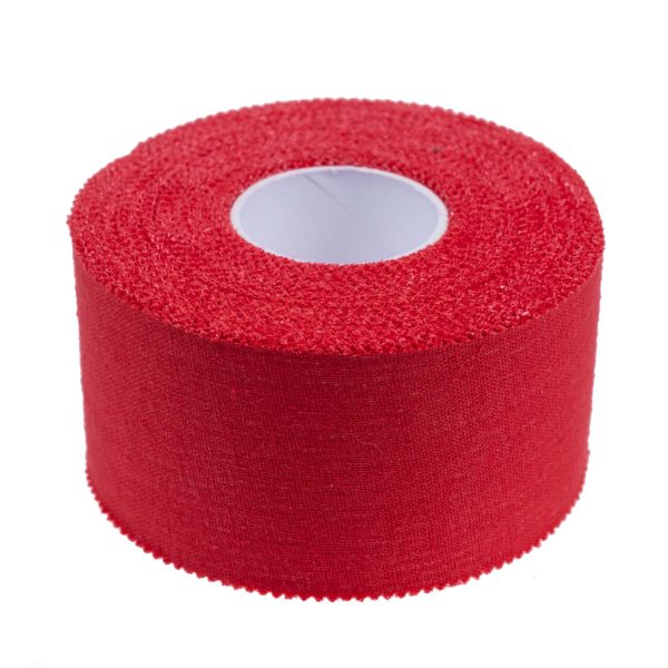Image of a roll of a red sports tape with dimensions 1.5" x 15 yards