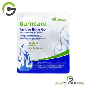 Image showing one unit of Burncare relieve burn gel dressing, sized at 5cms x 5 cms. Meant to be placed on burns for relief