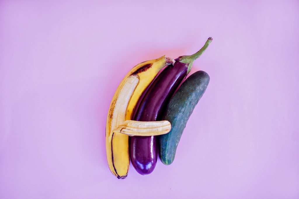 Banana, eggplant, and cucumber which illustrates sexual function.