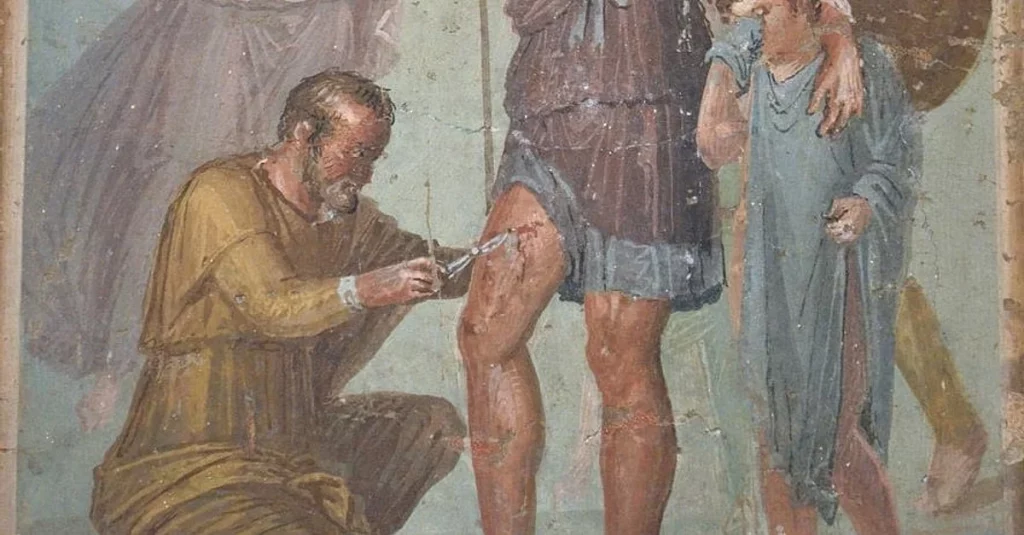 an old Roman fresco depicting a kneeling doctor, trying to heal a patient's thigh wound