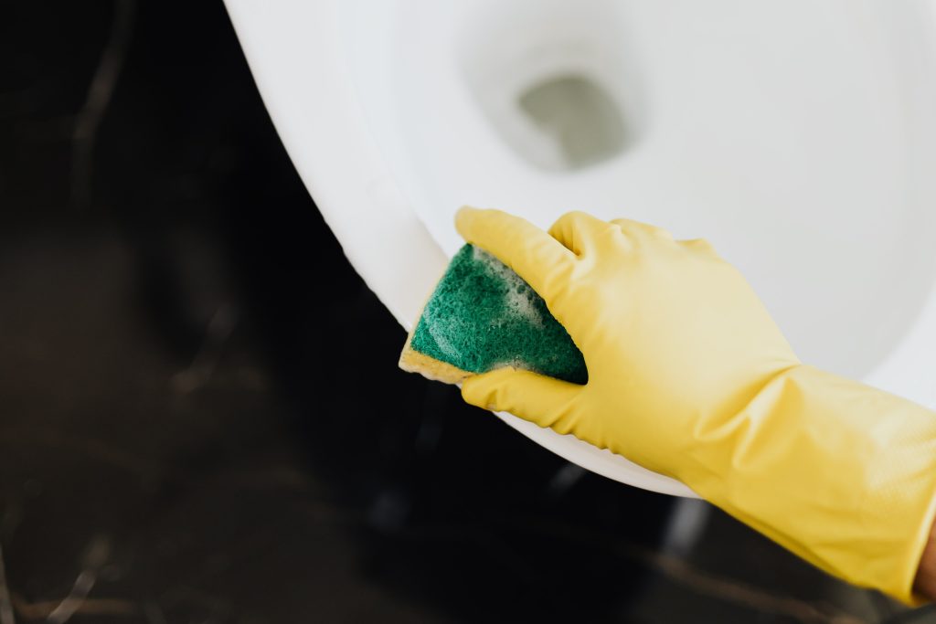 A yellow-gloved hand is cleaning the rim of a toilet bowl with scrub brush and a phenol-based disinfectant