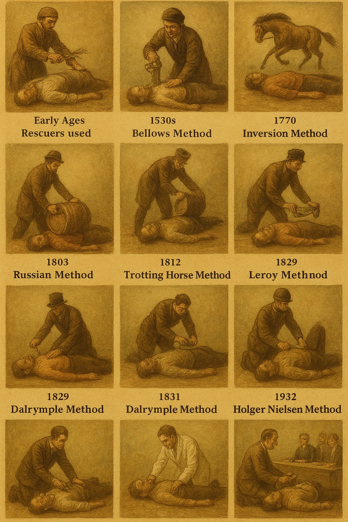An illustration depicting the history of the methods of CPR