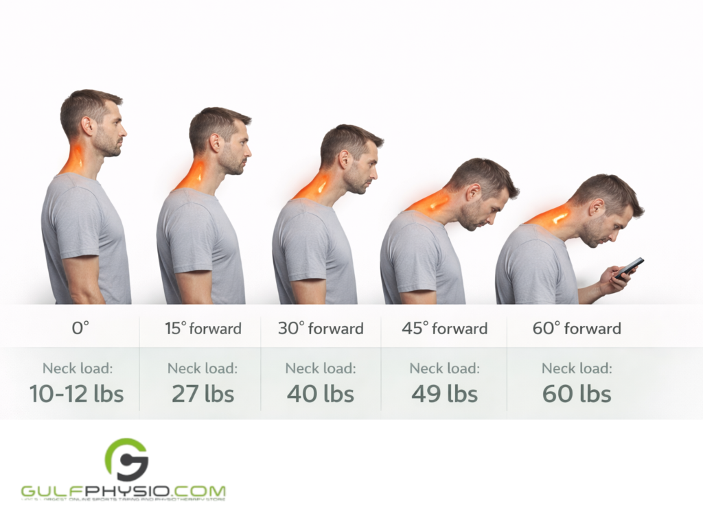 A diagram displaying the degree of forward neck extension and the neck loads they carry.