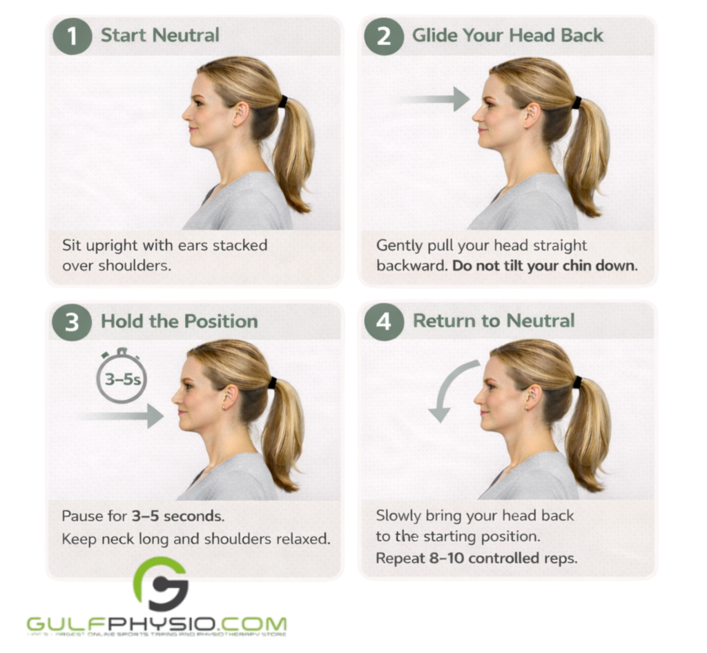 A diagram with instructions on how to do the seated chin tuck.