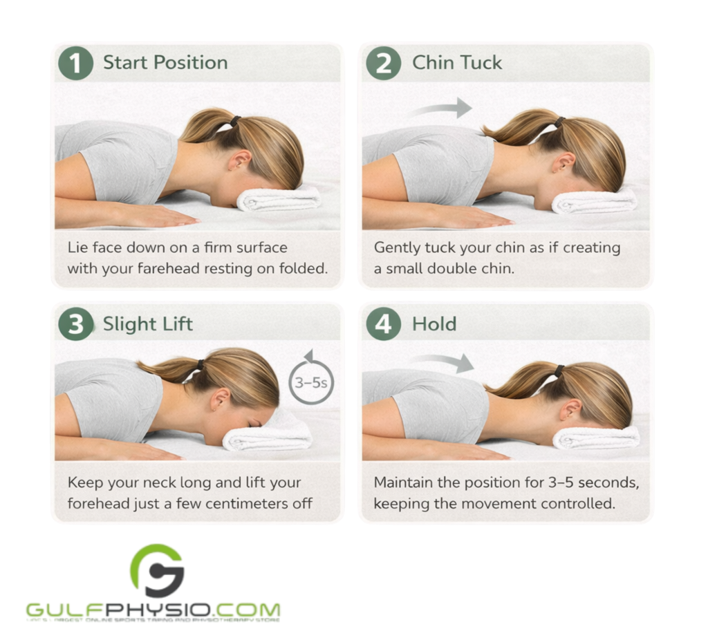 A diagram with instructions on how to Prone (Face-Down) Chin Tucks