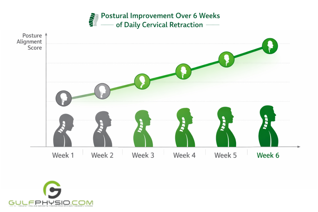 A chart showing the efficacy of cervical retraction exercises in the span of six weeks.