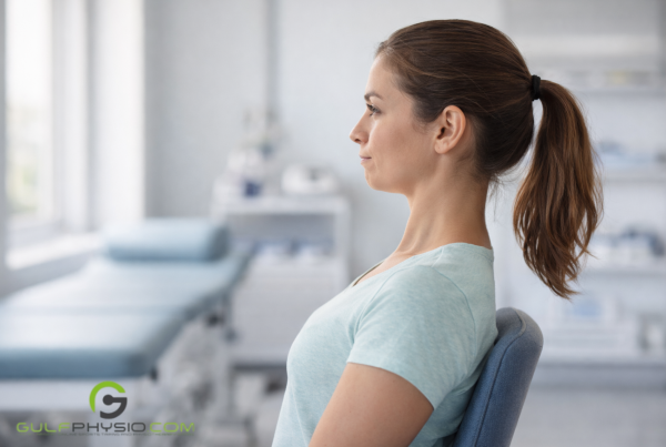 A woman seated on an office chair with back straight and neck tensed